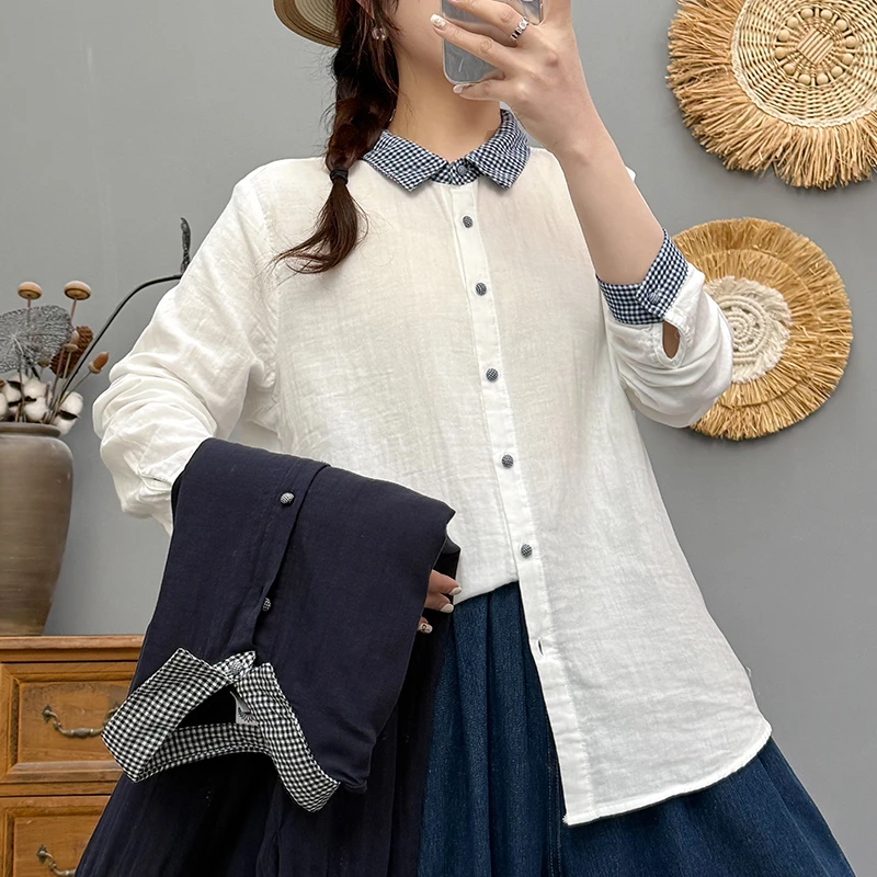 双层棉纱2025春秋装衬衫拼色减龄衬衣气质开衫上衣时尚女装85208