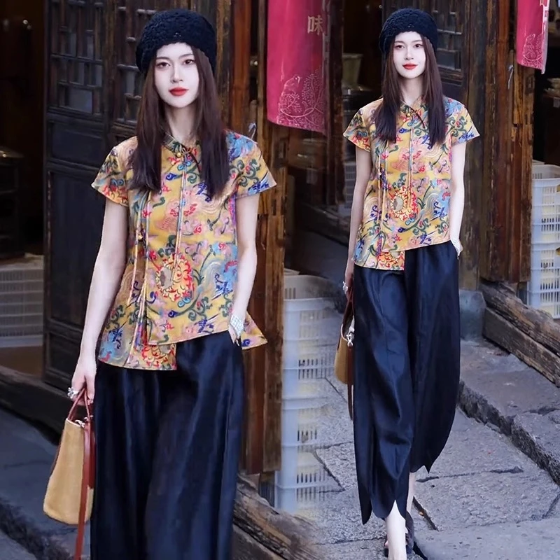 【赠运费险】新中式2025夏季新款洋气盘扣斜襟衬衫阔腿裤气质两件套