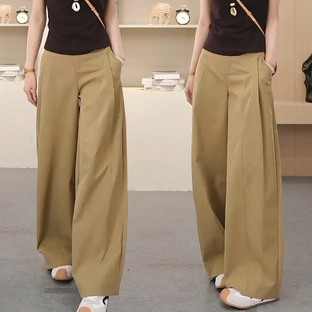 美式侧压褶阔腿裤女春秋2025新款卡其色高腰显瘦宽松休闲弯刀裤