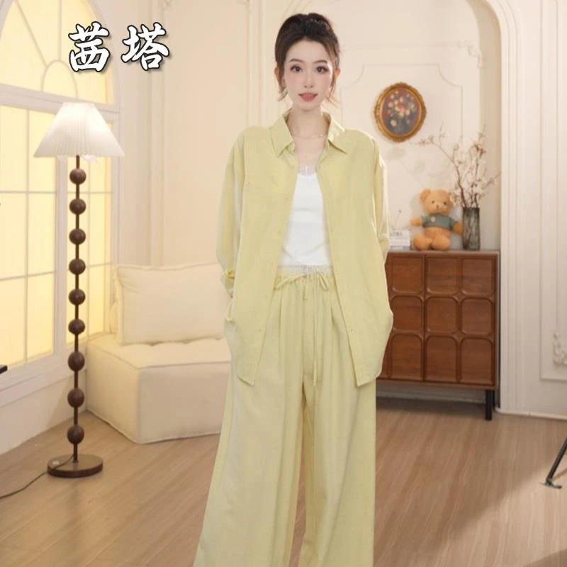 夏季穿搭高级感炸街减龄时尚蓝色防晒衬衫休闲裤套装女士2025新款