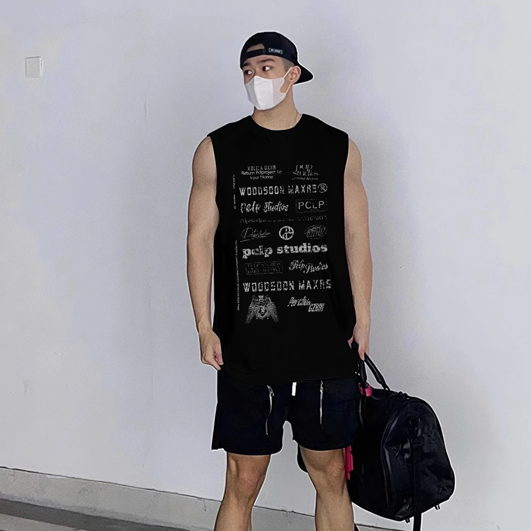 HIP潮牌美式复古无袖t恤字母印花背心夏季纯棉大码宽松青少年上衣