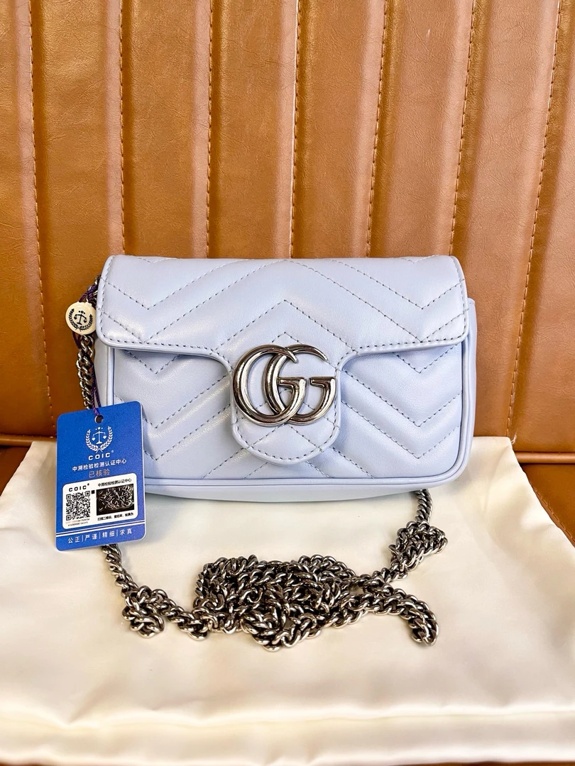 95新 GUCCI/古驰 118117 古驰马蒙mini湖蓝色银扣单肩斜挎包
