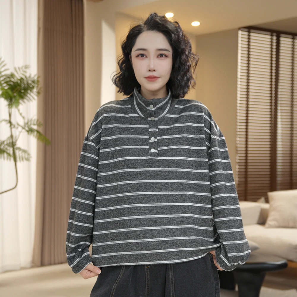 W35 秋冬新款内搭条纹女半高领T恤宽松型保暖拼接冬季打底衫