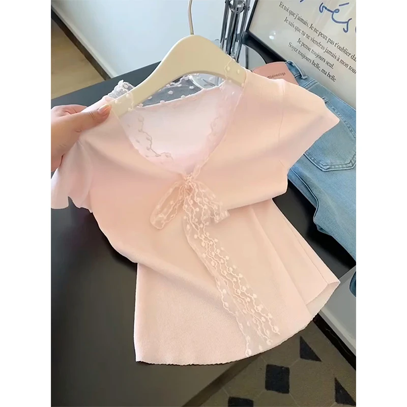 小个子粉色冰丝针织修身小飞袖上衣女夏季独特超好看短款短袖t恤