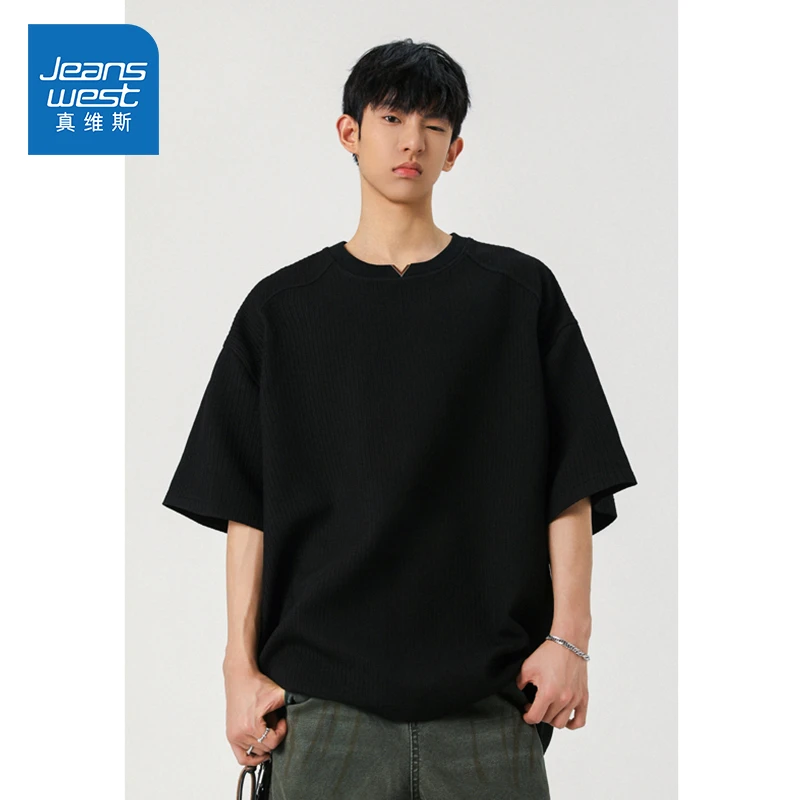 Jeanswest/真维斯男士潮牌拼接百搭短袖T恤夏季宽松港风舒适上衣