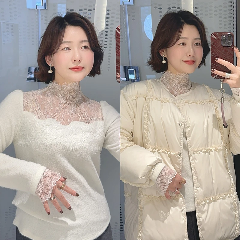 【DIS 定制】【甜茶日记】法式网纱半高领拼接蕾丝针织衫Z525X21133