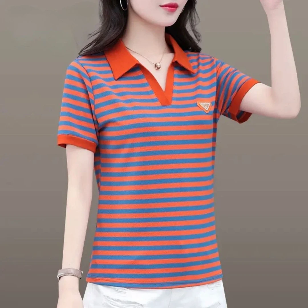 827蓝桔条纹夏新款高档绣花上衣短袖t恤女时尚翻领polo衫休闲上衣