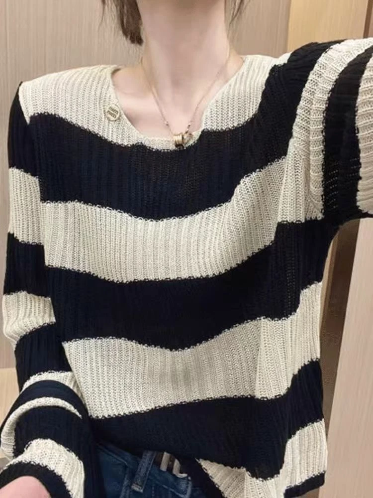 #11 拼色条纹长袖毛衣女百搭软糯打底衫气质宽松显瘦针织上衣