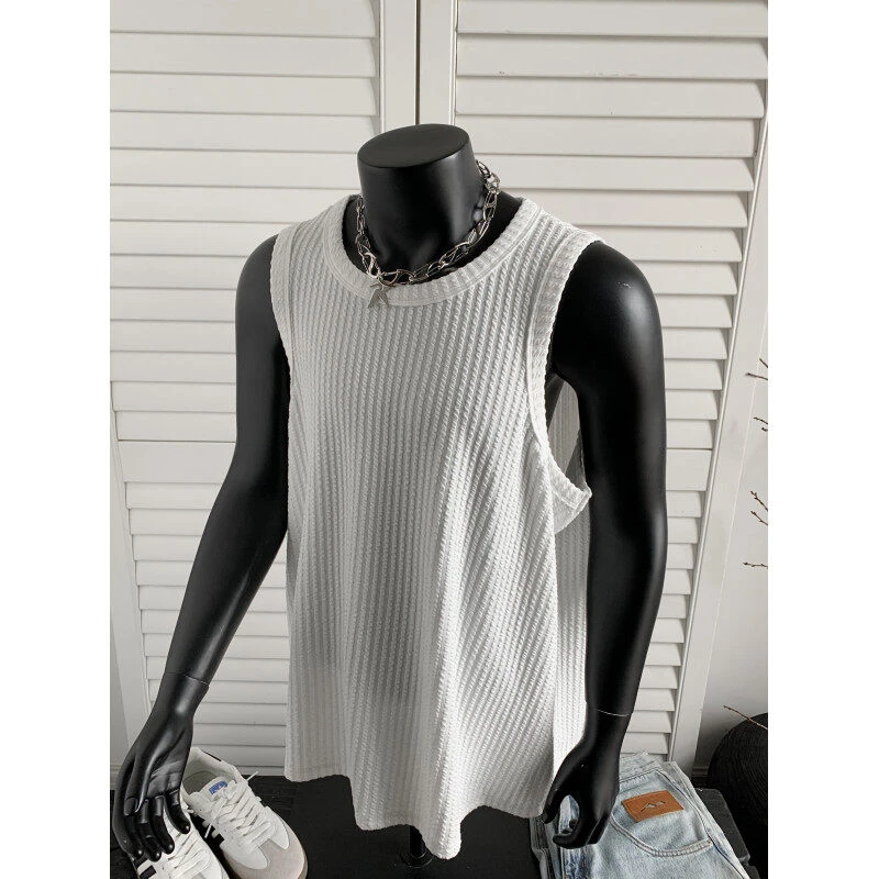 白色肌理感坎肩背心男款夏季潮流宽松运动健身无袖T恤