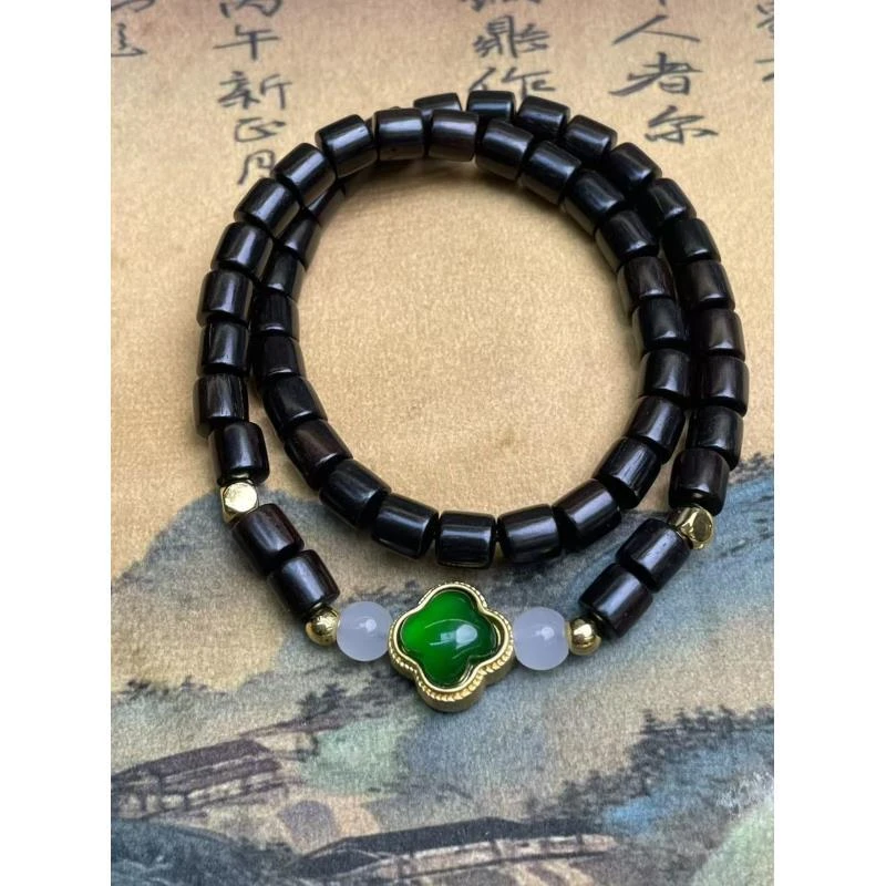S1399-黑檀桶珠四叶草配饰双圈手串