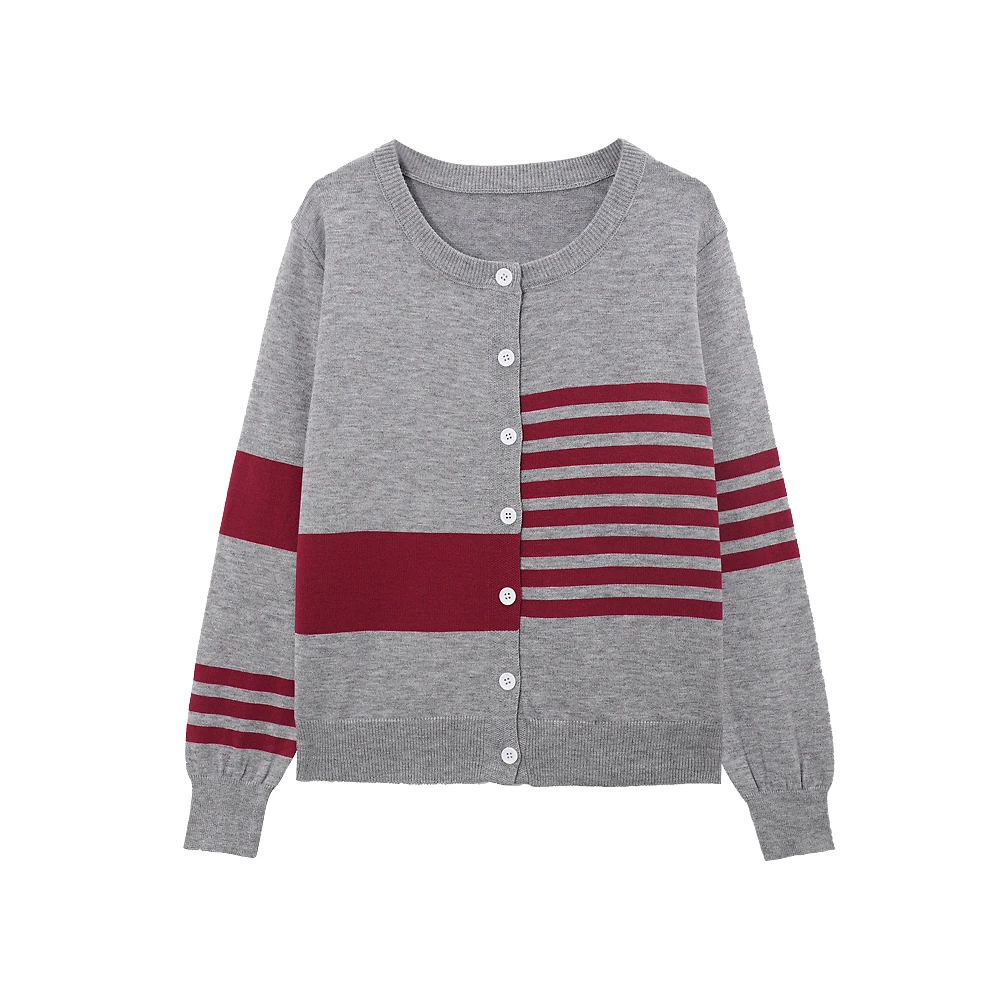 D 8030:低圆领条纹撞色针织开衫女2024秋手新款长袖毛衣外套上衣