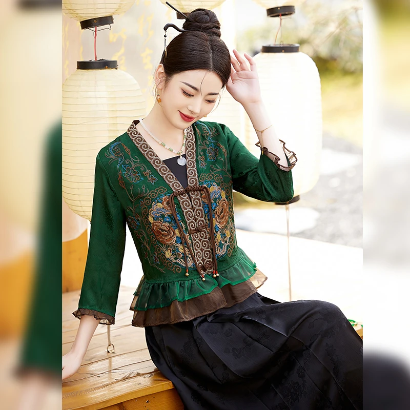 中国风中长款中袖长袖刺绣宽松型薄款外套春秋衬衫显瘦短款时尚