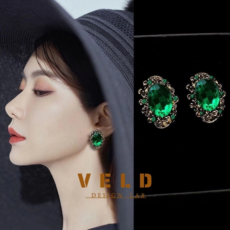 合金耳饰 法式小众vintage轻奢高级感祖母绿色红戴妃赫本风耳钉