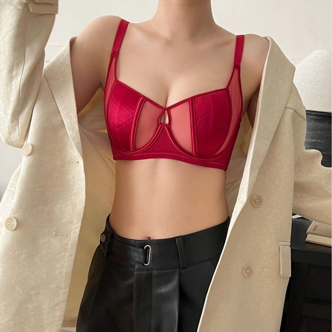 法式性感红色纯欲网纱内衣女大胸显小胸聚拢上托轻薄兔耳杯文胸罩