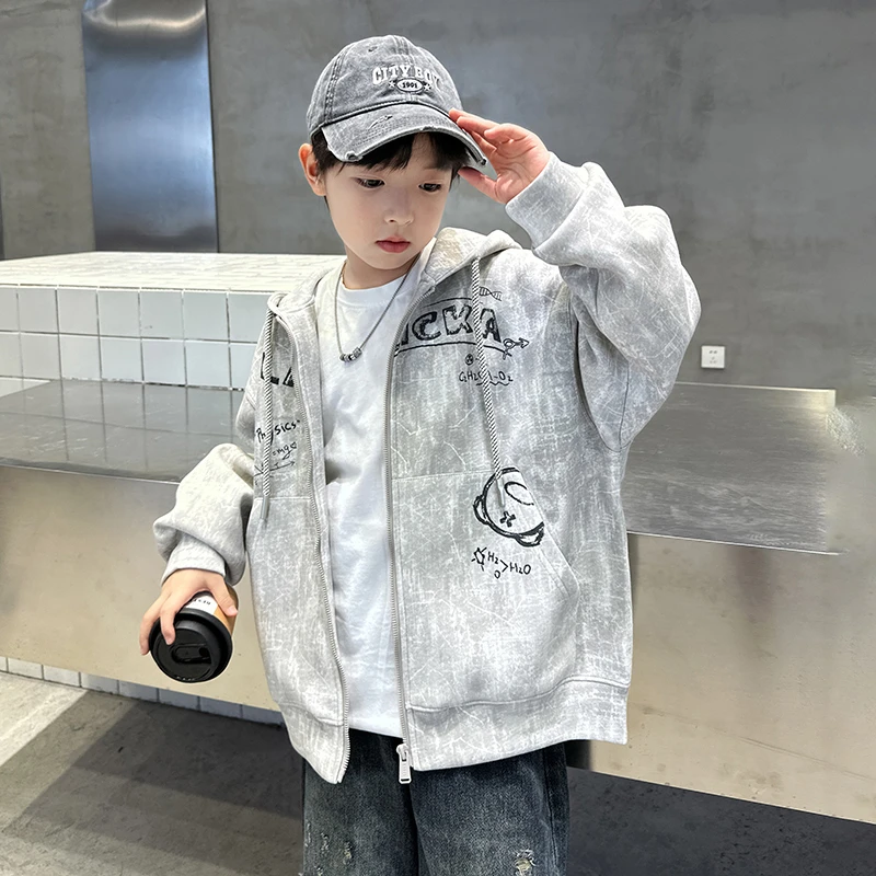 男童卡通小熊连帽外套春秋款2025新款儿童帅气休闲开衫卫衣中大童