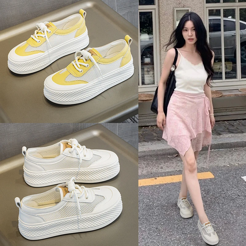 真皮小白鞋女2025春夏新款百搭透气网面厚底增高蕾丝渔夫鞋大码鞋