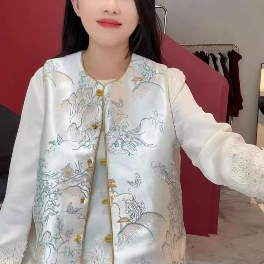 j08双面马甲新中式香云国风龟裂纹重工刺绣中式对襟立领梨花盘扣