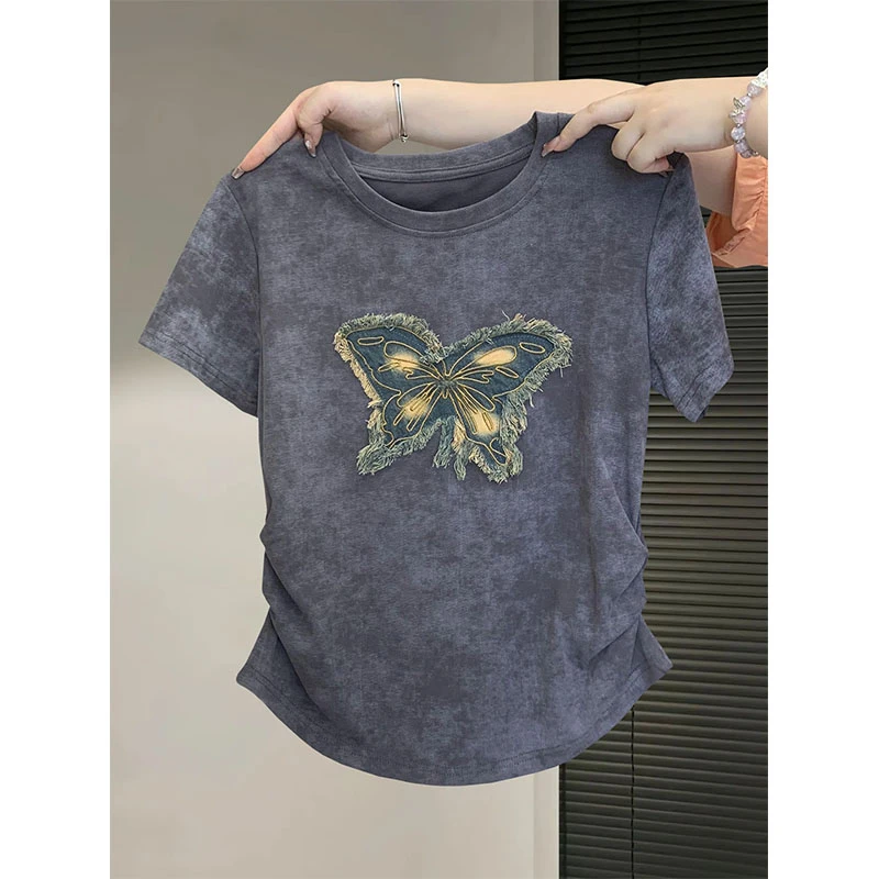 大码200斤休闲风甜酷辣妹扎染圆领蝴蝶刺绣正肩短袖t恤女收腰上衣