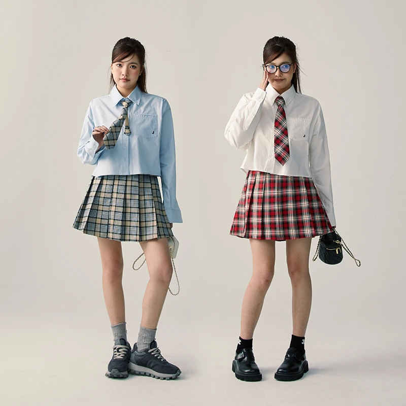 【衬衫部分微瑕】晶咕 早秋刺绣衬衫格子半身裙女学院风气质两件套