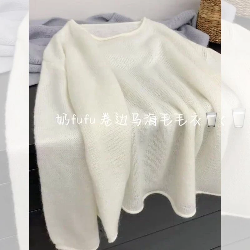 慵懒风长袖女毛针织衫毛衫圆领白色女装加厚气质卷边上衣百搭