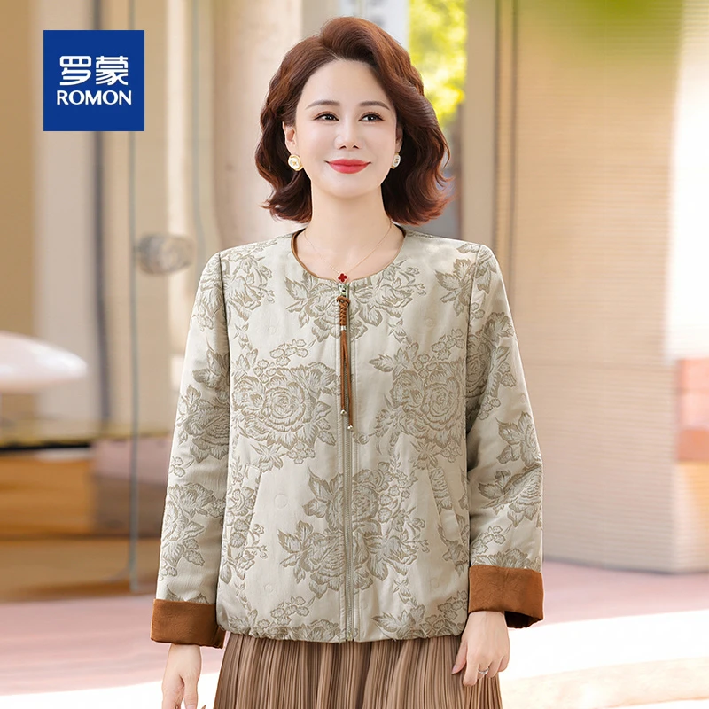 罗蒙50多岁中年妈妈秋装国风印花夹克中老年女奶奶装春秋外套上衣