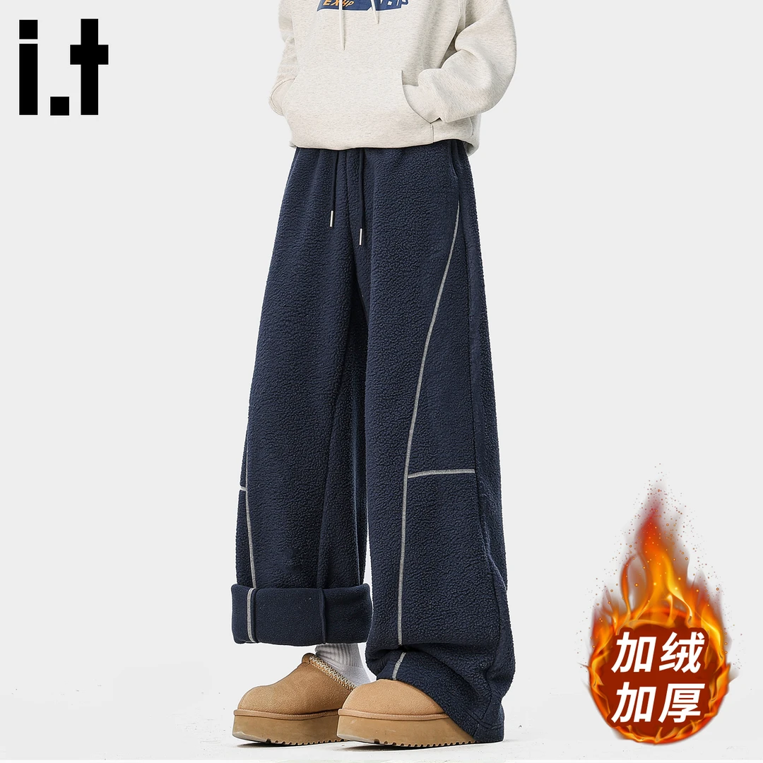 it: CHOCOOLATE复古羊羔绒休闲裤男冬季加厚小众设计感宽松长裤子