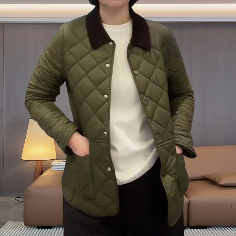 秋冬新款别致菱格棉服外套韩式慵懒风时髦减龄单排多扣polo领棉衣