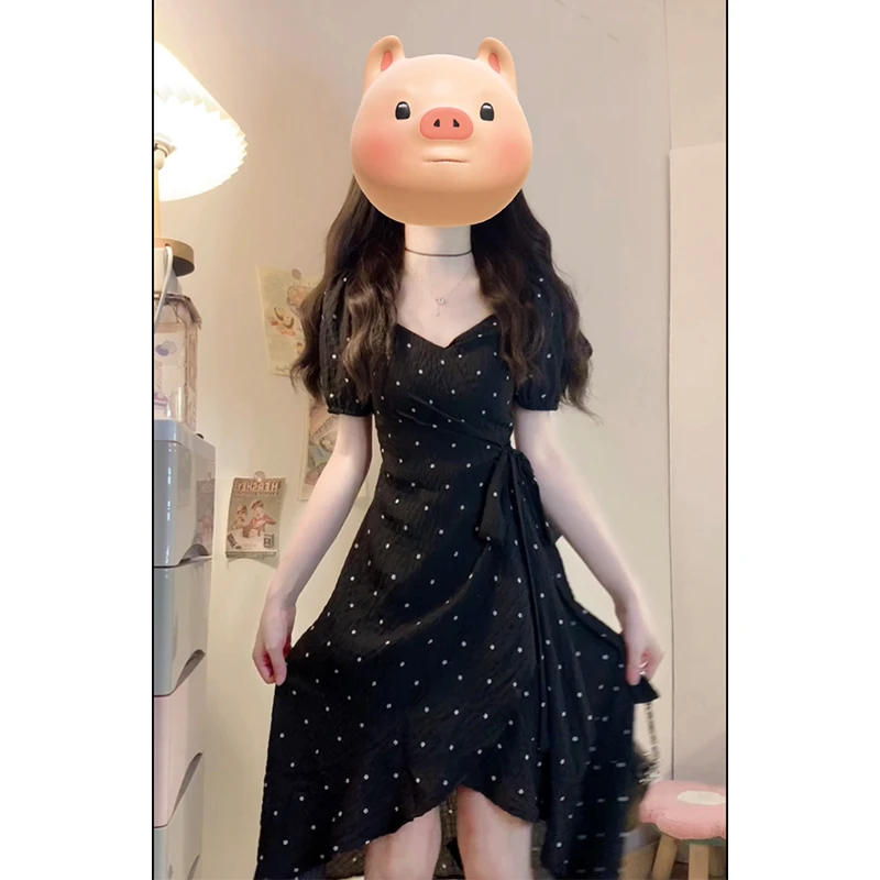 2025夏新款黑色波点肌理感不规则裙摆A字裙短袖连衣裙女法式裙子