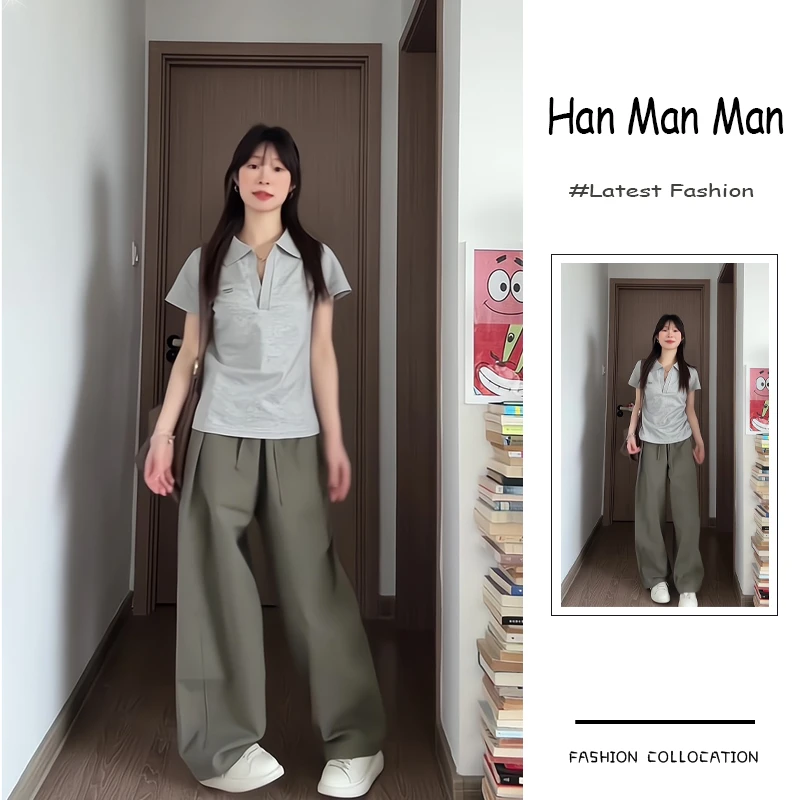 夏季流行穿搭一整套新款2025韩系减龄polo领短袖上衣阔腿裤两件套