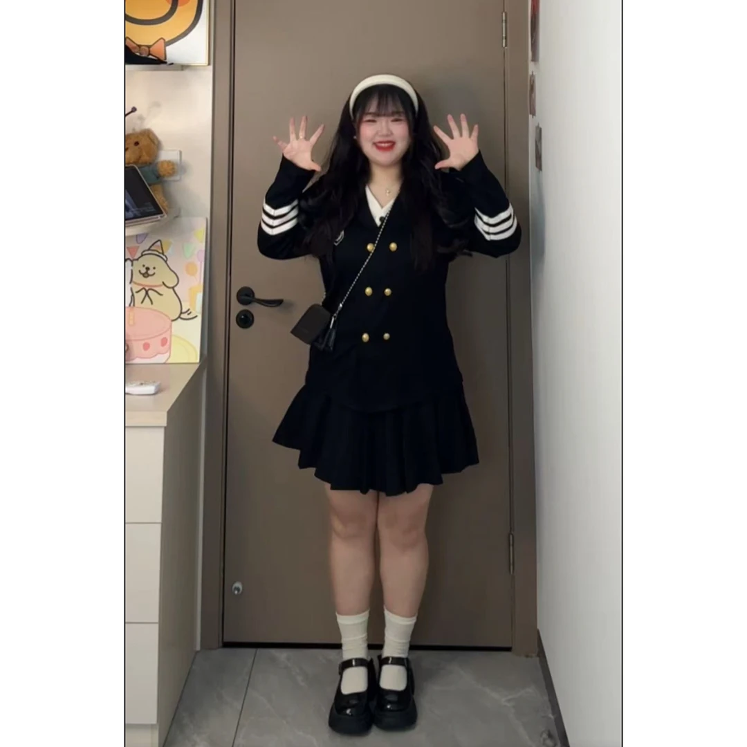 大码女装韩版减龄学院风双排扣mm显瘦内搭1160