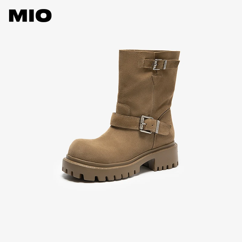 MIO米奥骑士靴皮带扣复古游牧风中筒厚底增高女西部靴M255752112