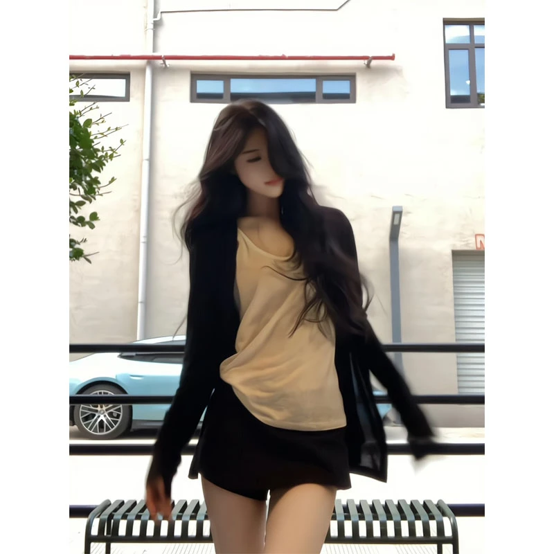 黑色下摆防晒开衫T恤内搭罩衫外套长袖上衣半身裙短裙包臀一步裙