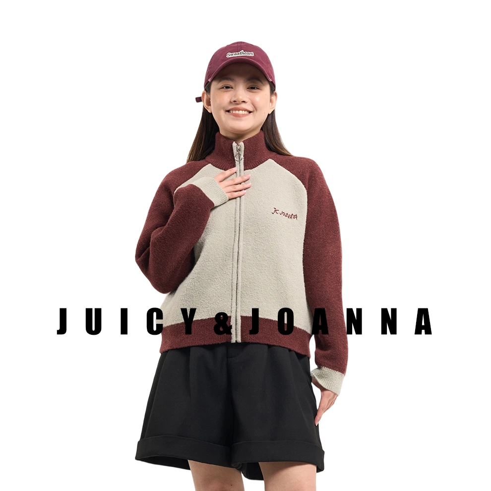JUICY&JOANNA/橘子樱桃拼色插肩提花针织开衫
