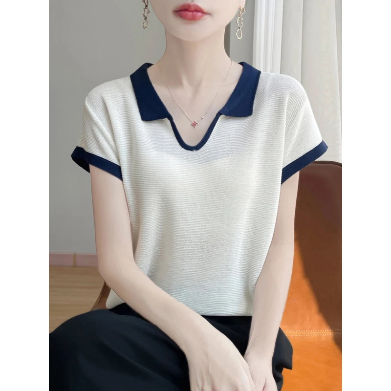 polo剪刀领拼色短袖2025衣服装2025小众炸街高级感女装慵懒风上衣