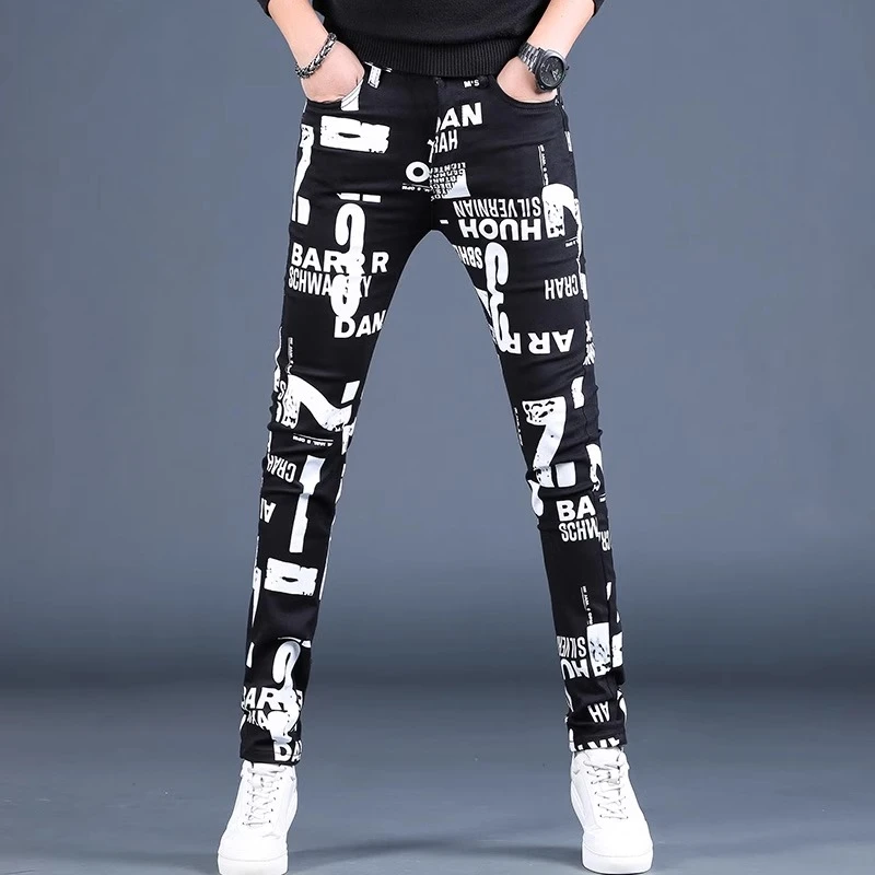 Cebrodz夏季新款高端印花牛仔裤男修身小脚显瘦弹力潮牌男黑色裤