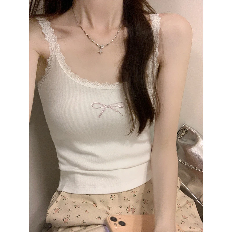 女吊带新款烫钻显白欲纯bm花边多巴胺修身背心蝴蝶结显瘦夏季上衣