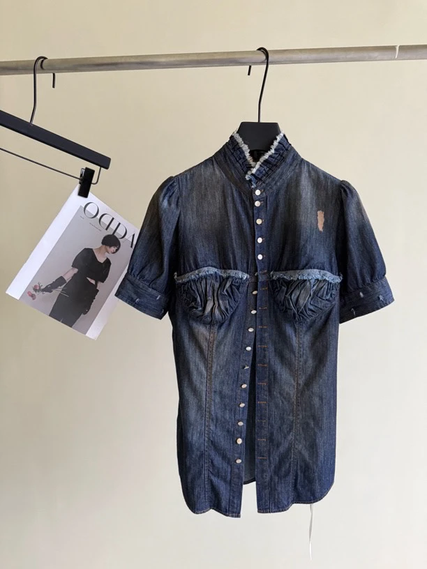 【Ann.G】F30101 脏脏做旧洗水牛仔短袖衬衫