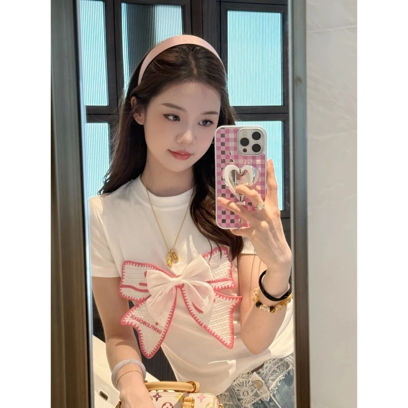 法式甜辣妹立体蝴蝶结短袖t恤女夏季纯欲bm高级感小心机修身上衣