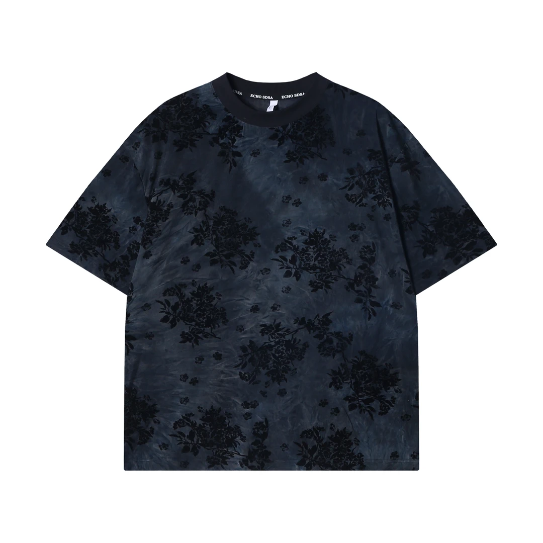 夏季高级感新款扎染晕染绒面花卉印花圆领短袖T恤复古百搭上衣