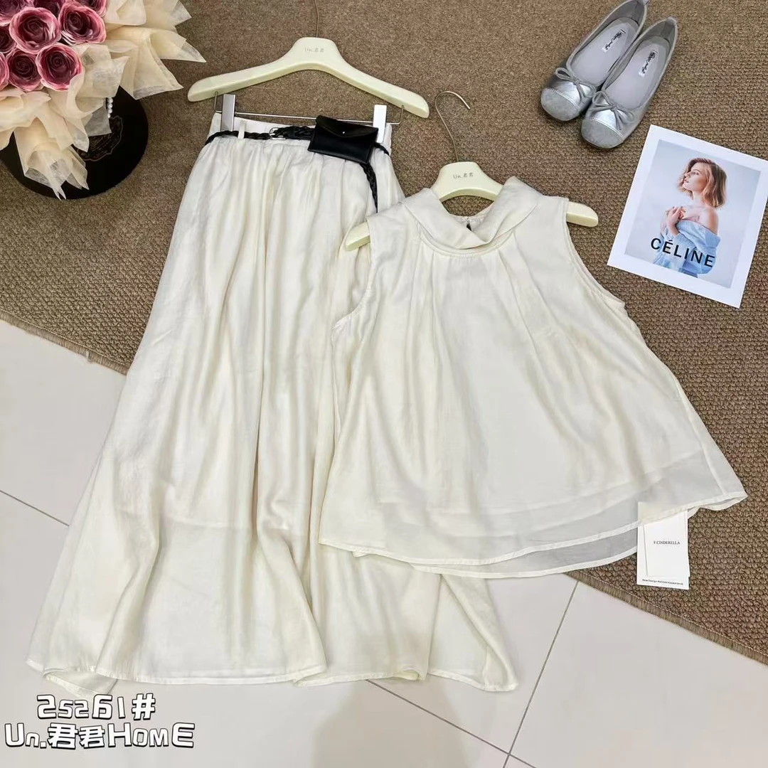 君君家【气质套装】25261法式气质天丝套装 设计感无袖上衣+半身裙