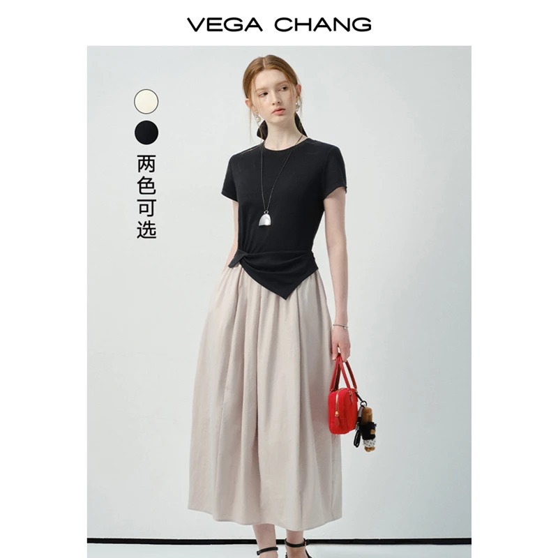 VEGA CHANG短袖连衣裙女夏2025新款时尚小众设计感假两件拼接长裙