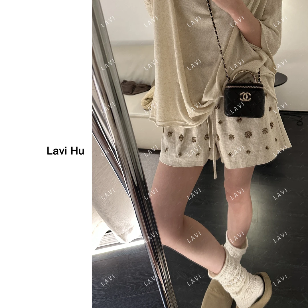 自然之岛 亚麻 休闲时尚百搭钉珠重工短裤71802