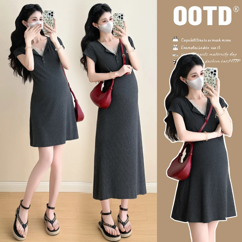 2025小个子显瘦夏装新款韩版时尚蕾丝拼接连衣裙假两件中长款