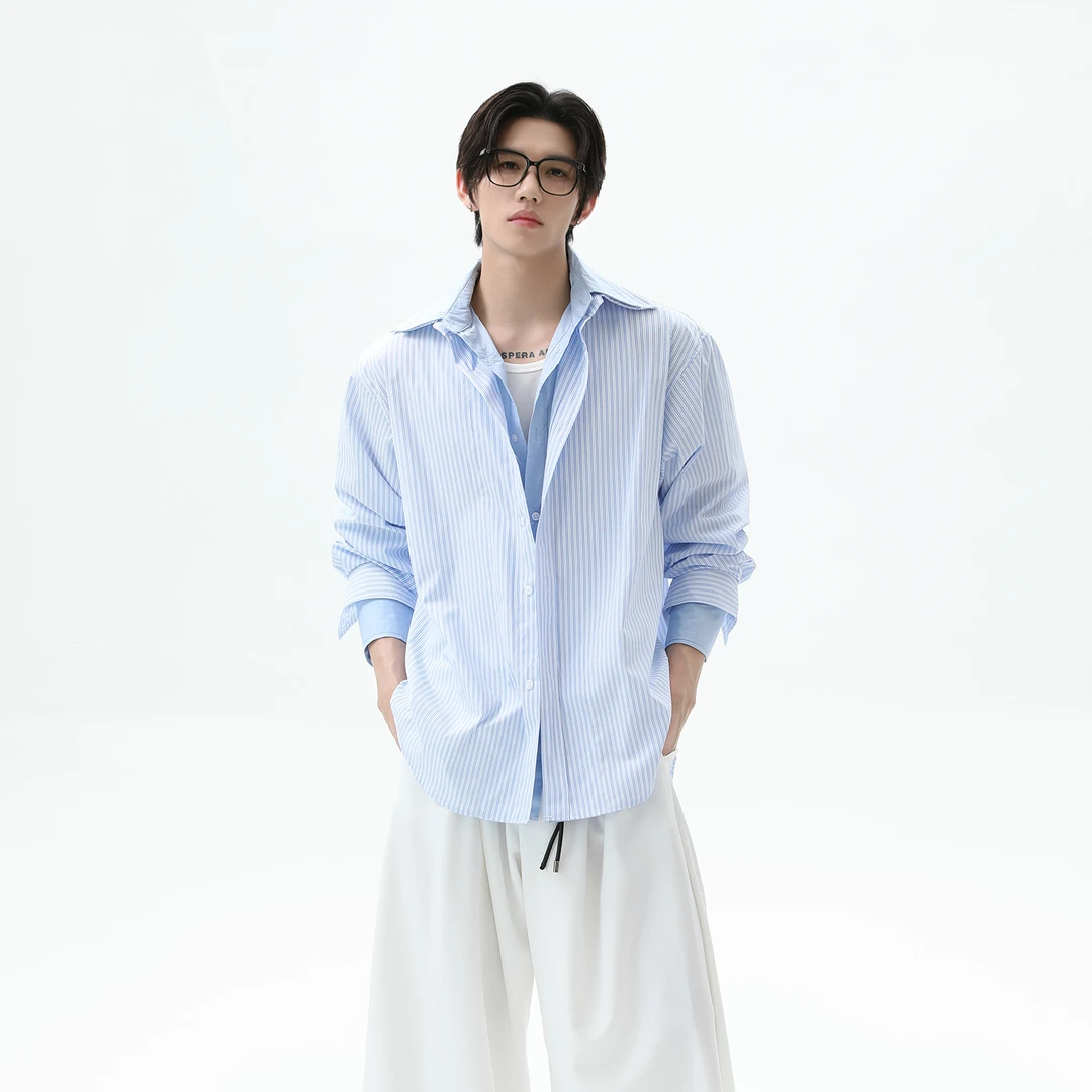 TURNTIDE 简约假两件双层门襟条纹衬衫长袖男夏宽松衬衣通勤开衫