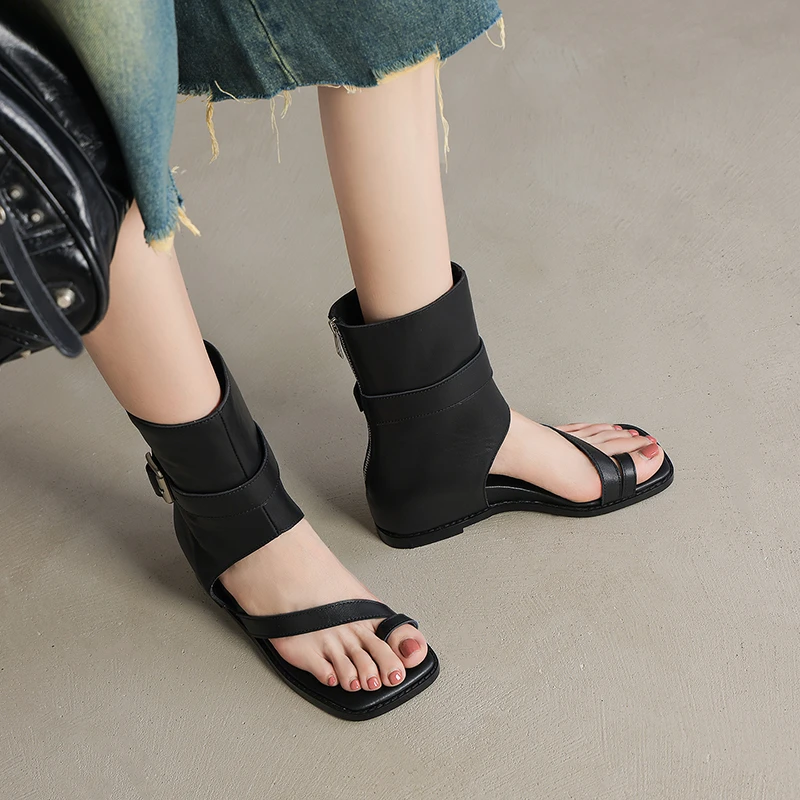 香港欧美同款~ins牛皮坡跟内增高镂空西部牛仔短靴罗马凉靴女凉鞋