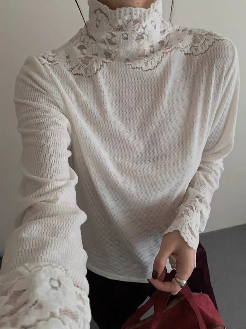 凯一服饰 【美人蕾丝】小众高领蕾丝钩花打底衫-6110