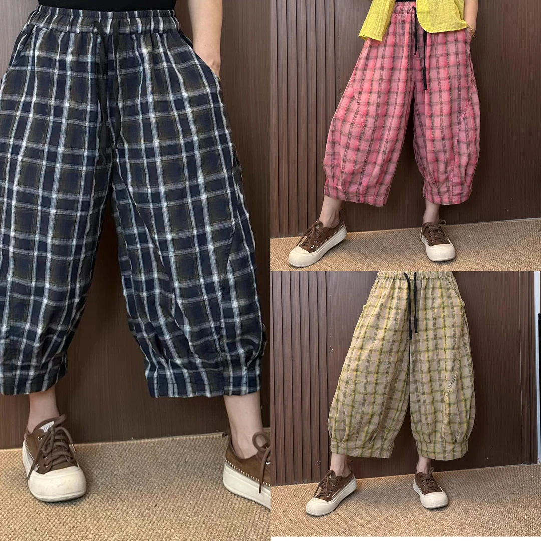 夏季薄款宽松休闲格子莱赛尔麻纱八分裤