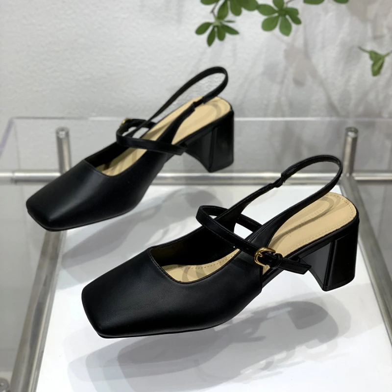 法式方头粗跟高跟凉鞋女2024春夏新款仙女风一字扣带包头后空单鞋