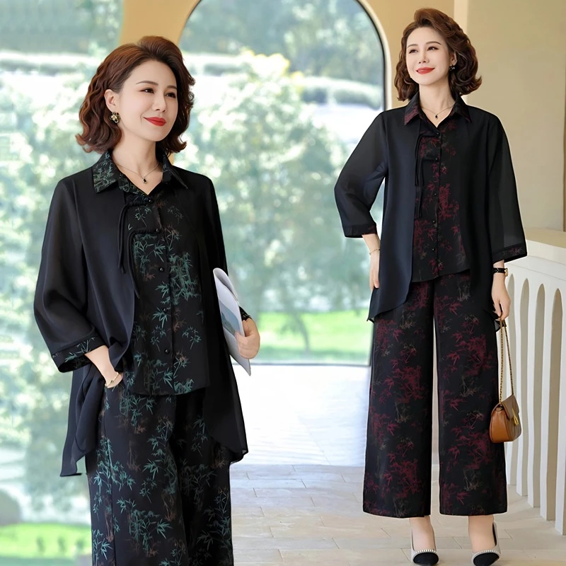 中式新款中年妈妈夏装套装中老年女夏季复古衬衫上衣阔腿裤两件套