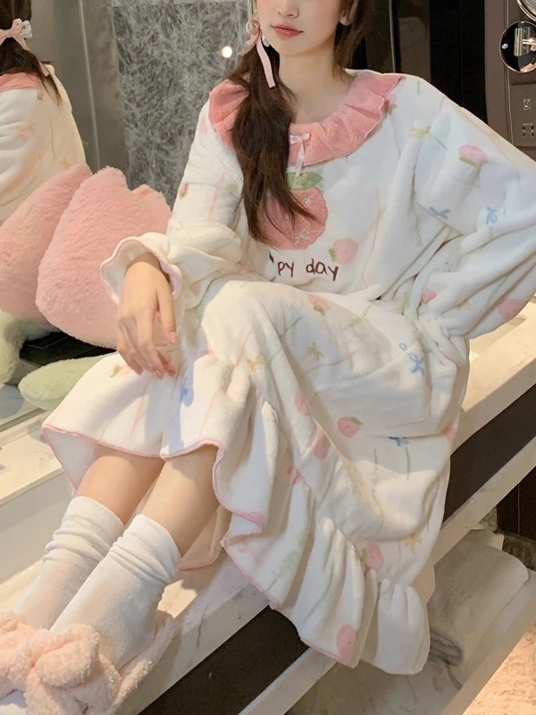 秋冬季珊瑚绒长袖睡裙女加厚保暖甜美可爱公主风睡衣家居服宽松